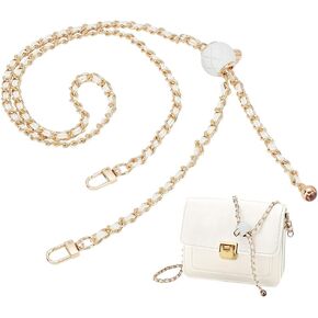 PH PandaHall 40~47 Inch Purse Chain Strap Adjustable, Thin Purse Chain Woven Leather Replacement Strap White PU Leather Bag Strap with Golden Metal Chain for Women Shoulder Bag Crossbody Bag
