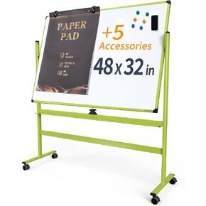 Large Dry-Erase Rolling Magnetic Whiteboard - 48 x 32 Inches Dry Erase Board with Stand Height Adjust Double Sides Mobile White Board Easel on Wheels with 25 Sheets Paper Pad Office, Home & Classroom