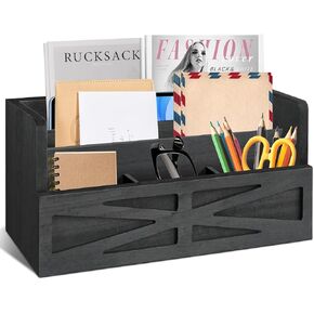 Mail Organizer for Countertop, Desktop Mail Holder File Sorter, Farmhouse Rustic Wooden Letter Sorter for Home Office, Mail Sorter for File Letter Paper Bill Storage, White