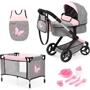 Bayer Design Dolls: Xeo Mega 10 Piece Set - Grey, Pink, Fairy - Pram, Bed, Handbag, Feeding & Care Accessories for Dolls Up to 18", Kids Toy, Ages 3+