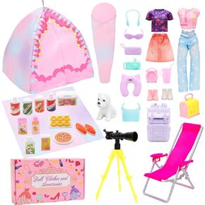 34 PCS Doll Travel Camping Tent Playset لـ 11.5 بوصة تشمل دمى الفتاة الملابس والخيمة والتلسكوب وحقيبة الظهر وحقيبة النوم وملحقات التخييم الأخرى لمجموعة لعبة التخييم للدمى.