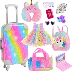 18 Inch Doll Accessories Rainbow Suitcase Luggage Travel Set - Doll Dress, Suitcase, Unicorn Backpack, Duffle Bag, Neck Pillow, Colorful Design