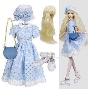 Proudoll 1/3 BJD Doll Clothes Outfit Set - Handcrafted Stylish Blue Floral Dress, Hat, Wig, Cross-Body Bag, and High Heel, Compatible with 1/3 60cm 24in SD Dolls