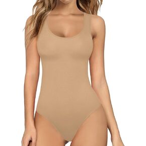 MANGOPOP Womens Scoop Neck Sleeveless Tank Top Bodysuits Sexy Ribbed Backless Body Suits Upgraded Fabric(White, Large)