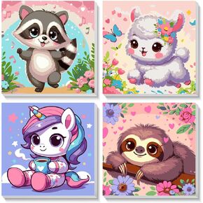 CraftyTime 4 Pack Framed Paint by Number for Kids Age 8-12 Kids, Cute Animals Paint by Numbers Kit for Beginners,Easy Acrylic Paint by Numbers Canvas Arts and Crafts for Wall Decor Gift 8x8in