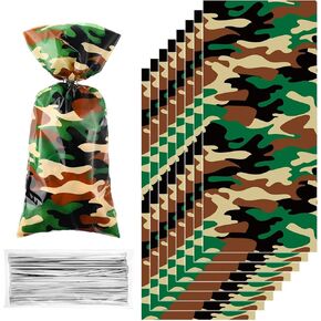 100 Pieces Camo Cellophane Treat Bags, Khaki Camouflage Party Plastic Candy Bag Goodie Present Favor Bag with 100 Silver Twist Ties for Camping Veteran Party Army Theme Birthday Supplies