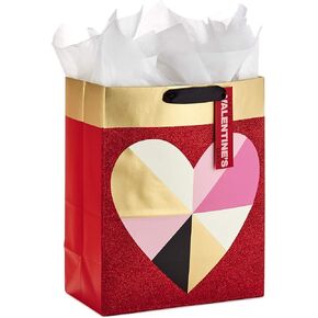 Hallmark 17" Extra Large Valentine's Day Gift Bag with Tissue Paper (Black, Red, Gold Hearts) for Husband, Wife, Boyfriend, Girlfriend, Newlyweds