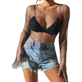 Women Fishnet Dress Sexy Sparkle Rhinestone Tank Top Dress Mesh Lingerie One Piece Teddy Bodysuit Smock Mini Skirt Black