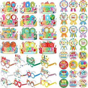 Tatuo 144 Pcs 100th Day of School Glasses Paper Crowns Hats Stickers Set Happy 100th Day of School Supplies Colorful Eyeglasses Headwear Props for Kindergarten Preschool Reward Party Favors Decor