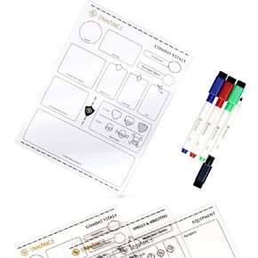 ENHANCE Tabletop Acrylic Character Sheet Set - Reusable 5e Dungeons and Dragons Character Sheets (Combat, Spell, Equipment) for All DND 5e Classes - Includes 3 Pages, Dry Erase Markers, Travel Pouch