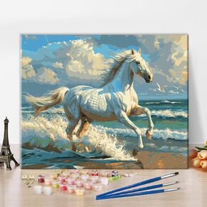 Rebotipy White Horse Paint by Numbers Kits for Adults DIY Animals Paint by Numbers Kits Horse Running by The Seaside Painting Artwork Prints on Canvas Sea Seagull Scenery Paint by Numbers 16x20 in