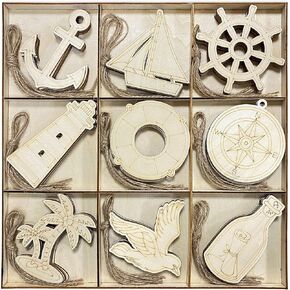 45 Pack Unfinished Nautical Wood Cutouts for Crafts, Wooden Anchor,Sailboat,Ship Wheel,Compass for DIY Project 3.5 Inch 5 Peices Each