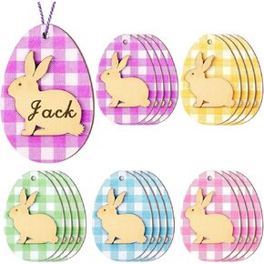 20 Pcs Easter Basket Name Tag Wooden Bunny Tags Rabbit Shape Blank Sign with Colorful Twine DIY Easter Gifts Tags for Crafts Easter Basket Spring Hanging Ornaments
