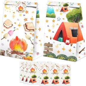 XGELUL Camping Party Favors Candy Bags with Stickers - S’mores Goodie Gift Treat Bags - Camping Themed Birthday Party Supplies