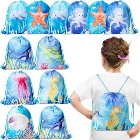 Clabby 12 Pcs Ocean Party Favors Bags Sea Life Drawstring Bags Candy Gifts Sacks Backpack Bulk Under The Sea Goodie Bags Treat Bags
