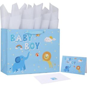 13" Large Blue Gift Bag Set with Greeting Card and Tissue Paper(Elephant and Lion Design) for Baby Boy,Baby Shower,Kids Birthday Party,Newborn,New Moms or Parents - 13" x 5.2" x 10.2", 1 Pcs.