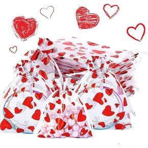 Moonear Heart Candy Bag Organza Jewelry Pouches, Valentine's Drawstring Gift Pouch for Valentine's Day Wedding Party Favor(50pcs)