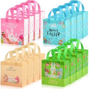 YANGTE 16 Pack Easter Gift Bags, Reusable Easter Bags With Handle, Bunny Easter Egg Non-Woven Bags, Easter Treat Bags for Kids, Foldable Water Resistant for Holiday Party Favors