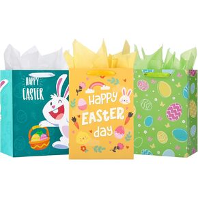 3 Pack 14"Large Easter Gift Bags with Tissue Paper, Easter Bags with Handles for Kids Women Men Easter Baskets Egg Hunts Goodies (3 Designs Happy Easter,Cute Rabbit, Colorful Easter Eggs)