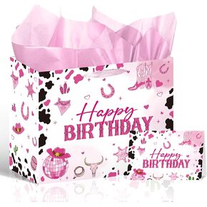 Wxiben Happy Birthday Gift Bag - Wildflower Birthday Bag for Women Girls, Flower Large Wrap Bag with Tissue Paper Greeting Card for Presents, Pink Floral Butterfly Birthday Party Decorations