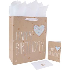 13" Large Brown Happy Birthday Gift Bag Set with Handles, Greeting Card, Green Tissue Papers and Stickers for Women Girls Men Boys Kids Teens, Heart Design, 1 Pcs.