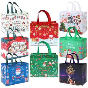 Vimudiy Christmas Gift Bags, 8PCS Large Christmas Treat Bags with Handles, Reusable Christmas Tote Bags for Gift Wrapping, Big Holiday Gift Bags for Xmas Party Favors, 12.6"×9.8"×6.7"