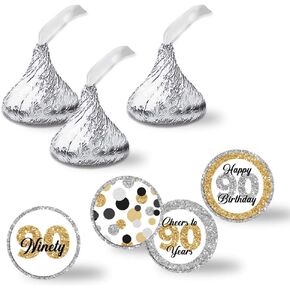 Amanda Creation Polka Dot 90th Birthday Party Kiss Stickers, 300 Silver Glitter Stickers for Chocolate Kisses, Goodie Bags & Party Favors