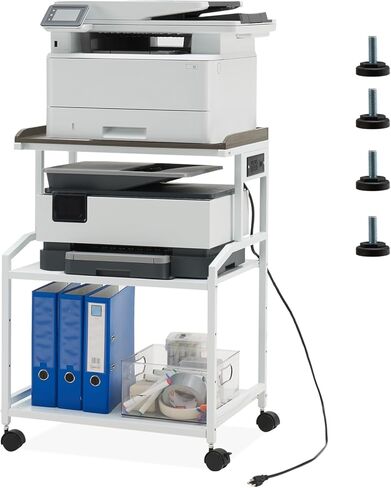 Lauren&Harold 34'' Printer Stand with Storage 3-Tier Printer Table with Power Outlets and USB Ports, Rolling Printer Cart with Adjustable Shelf, Large Black Printer Stand with Wheels for Home Office in Saudi Arabia