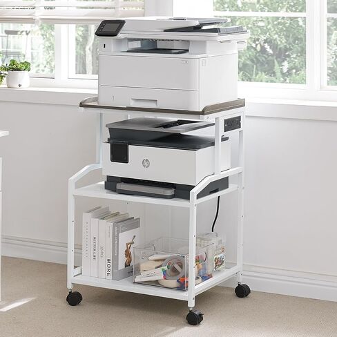 Lauren&Harold 34'' Printer Stand with Storage 3-Tier Printer Table with Power Outlets and USB Ports, Rolling Printer Cart with Adjustable Shelf, Large Black Printer Stand with Wheels for Home Office in Saudi Arabia