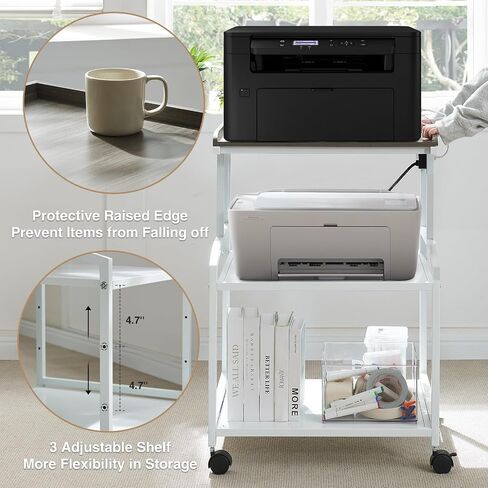 Lauren&Harold 34'' Printer Stand with Storage 3-Tier Printer Table with Power Outlets and USB Ports, Rolling Printer Cart with Adjustable Shelf, Large Black Printer Stand with Wheels for Home Office in Saudi Arabia