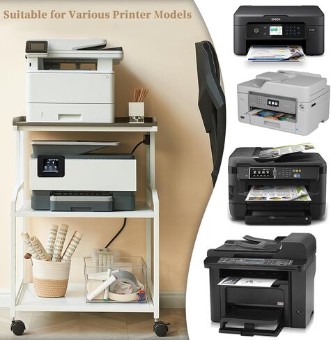Lauren&Harold 34'' Printer Stand with Storage 3-Tier Printer Table with Power Outlets and USB Ports, Rolling Printer Cart with Adjustable Shelf, Large Black Printer Stand with Wheels for Home Office in Saudi Arabia