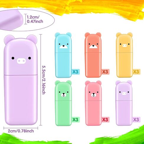 Ireer 18 PCS PTEL TIGHTLIPETRENT ALENS متنوعة للطفل المدرسي 6 ألوان معكرون تلميح Kawaii Marker Mini Cartoon Markers Highlighters لكتابة مكتب رسم الكتابة على الجدران (Bear) in Kuwait