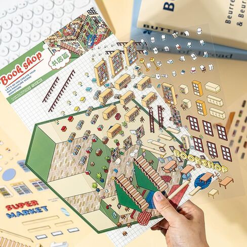 2 Sets Large 3D Sticker Scene 3D House Stickers with Tweezers Make Your Own Supermarket and Bookstore DIY Stickers in Kuwait