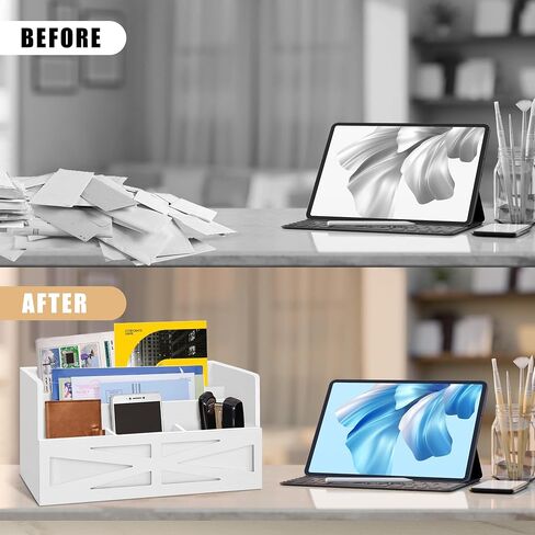 Mail Organizer for Countertop, Desktop Mail Holder File Sorter, Farmhouse Rustic Wooden Letter Sorter for Home Office, Mail Sorter for File Letter Paper Bill Storage, White in Saudi Arabia