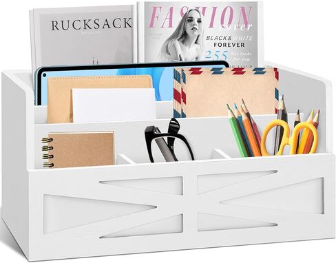 Mail Organizer for Countertop, Desktop Mail Holder File Sorter, Farmhouse Rustic Wooden Letter Sorter for Home Office, Mail Sorter for File Letter Paper Bill Storage, White in Saudi Arabia