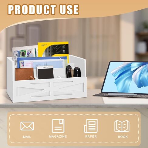 Mail Organizer for Countertop, Desktop Mail Holder File Sorter, Farmhouse Rustic Wooden Letter Sorter for Home Office, Mail Sorter for File Letter Paper Bill Storage, White in Saudi Arabia