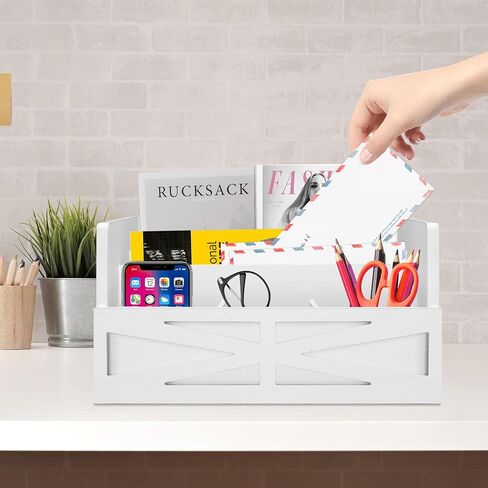 Mail Organizer for Countertop, Desktop Mail Holder File Sorter, Farmhouse Rustic Wooden Letter Sorter for Home Office, Mail Sorter for File Letter Paper Bill Storage, White in Saudi Arabia
