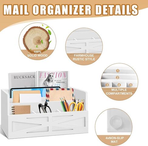 Mail Organizer for Countertop, Desktop Mail Holder File Sorter, Farmhouse Rustic Wooden Letter Sorter for Home Office, Mail Sorter for File Letter Paper Bill Storage, White in Saudi Arabia