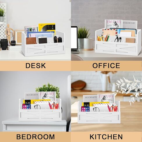 Mail Organizer for Countertop, Desktop Mail Holder File Sorter, Farmhouse Rustic Wooden Letter Sorter for Home Office, Mail Sorter for File Letter Paper Bill Storage, White in Saudi Arabia