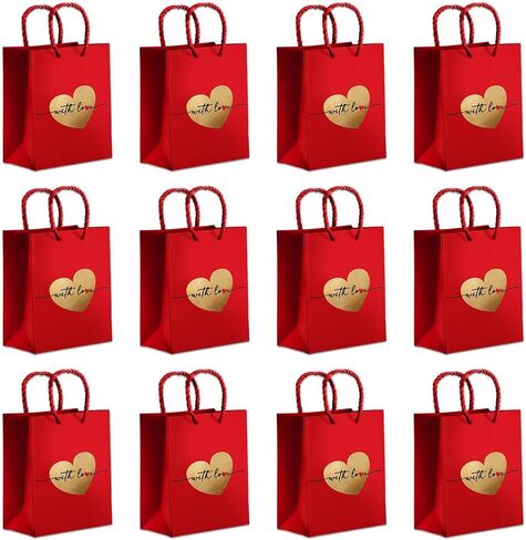 easykart labels 12 Red Gift Bags with Foiling- Mini Gift Bags, Extra Small Red Paper - Gift Wrap for wedding, Birthday Parties, Valentine and Little Presents .4"x2.75"x4.5" in Kuwait