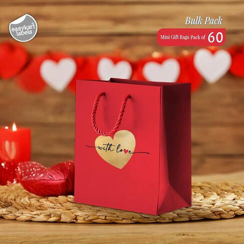 easykart labels 12 Red Gift Bags with Foiling- Mini Gift Bags, Extra Small Red Paper - Gift Wrap for wedding, Birthday Parties, Valentine and Little Presents .4"x2.75"x4.5" in Kuwait