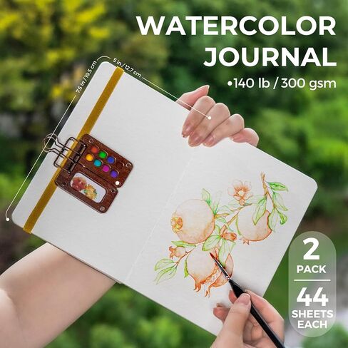Funto Watercolor Journal 2-Pack, 3.9x3.9, 44 Pages Each,Cold-Pressed 100% Cotton, Pearlescent PU Leather Brown Hard Cover, Removable Elastic Band, Art Supplies for Watercolor & Mixed Media in Kuwait