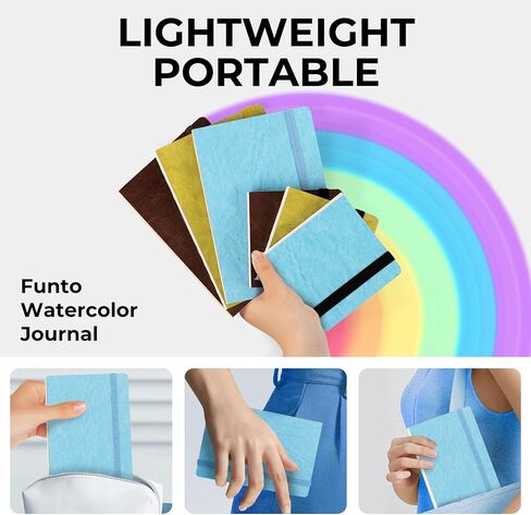 Funto Watercolor Journal 2-Pack, 3.9x3.9, 44 Pages Each,Cold-Pressed 100% Cotton, Pearlescent PU Leather Brown Hard Cover, Removable Elastic Band, Art Supplies for Watercolor & Mixed Media in Kuwait
