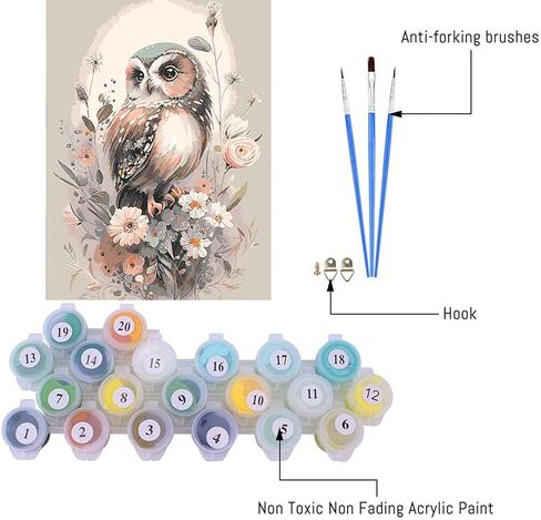 Mrnsiet Owl Paint by Number Kit for Adult, Easy Owl Acrylic Paint by Numbers Kits on Canvas, Owl and Flowers Oil Painting Kits Adults' Paint-by-Number Kits for Home Wall Decor 16x20inch in Kuwait