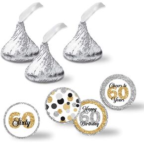 Confetti Polka Dot 60th Birthday Party Kiss Sticker Labels, 300 Party Circle Sticker Sized 0.75" for Chocolate Drop Kisses by AmandaCreation, Great for Party Favors, Envelope Seals & Goodie Bags