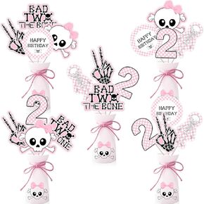 Jollyboom Bad Two The Bone Party Decoration Girl, 24pcs Bad 2 The Bone Table Centerpiece Stick Pink Skeleton Table Topper for Rock and Roll Music Theme Girl 2nd Born to Rock Birthday Party Decoration