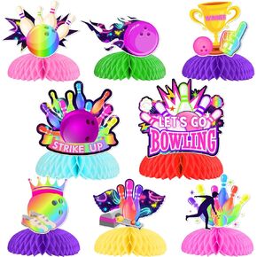 Kreatwow Bowling عيد ميلاد حفلات حفلات حفلة 8pcs Bowling قرص العسل المركزية الملونة دعنا نضرب بعض الممتعة ديكور الرياضة البولينج ذات طاولة الجدول توببر البولينج فتاة عيد ميلاد حفلة