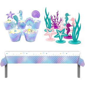 61 PCS Mermaid Decortations Supplies for Ocean Thief ، وتشمل 20 قطعة مركزية طاولة محسوسة ، و 40 مغلفات كب كيك حورية البحر و 1 أقطار مائدة حورية البحر