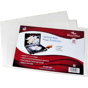 EnvyPak Tabloid Page Protectors, 6 Hole Punched (Large Format), Clear - Side Loading - Holds 11 x 17 Inch Pages - Pack of 25