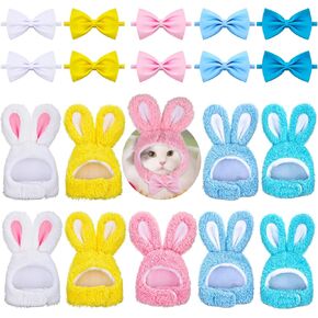 Funtery 20 Pcs Easter Dog Bunny Costume Set Cute Bunny Rabbit Hat with Ears Including 10 Rabbit Ears Headband and 10 Bow Tie Collar for Cats and Small Dogs Pets Easter Party Costume Accessory